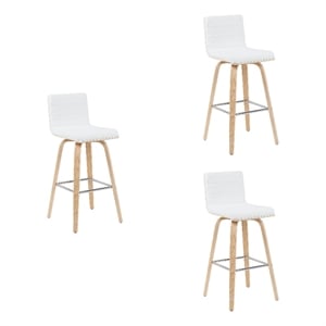 Vienna Swivel Bar Height Stool with White Faux Leather Seat/Oak Wood- Set of 3
