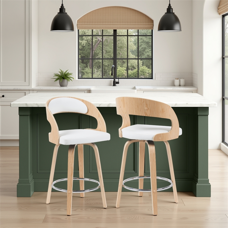 Shelly Counter Height Swivel Bar Stool in Oak/White Faux Leather Seat- Set of 2