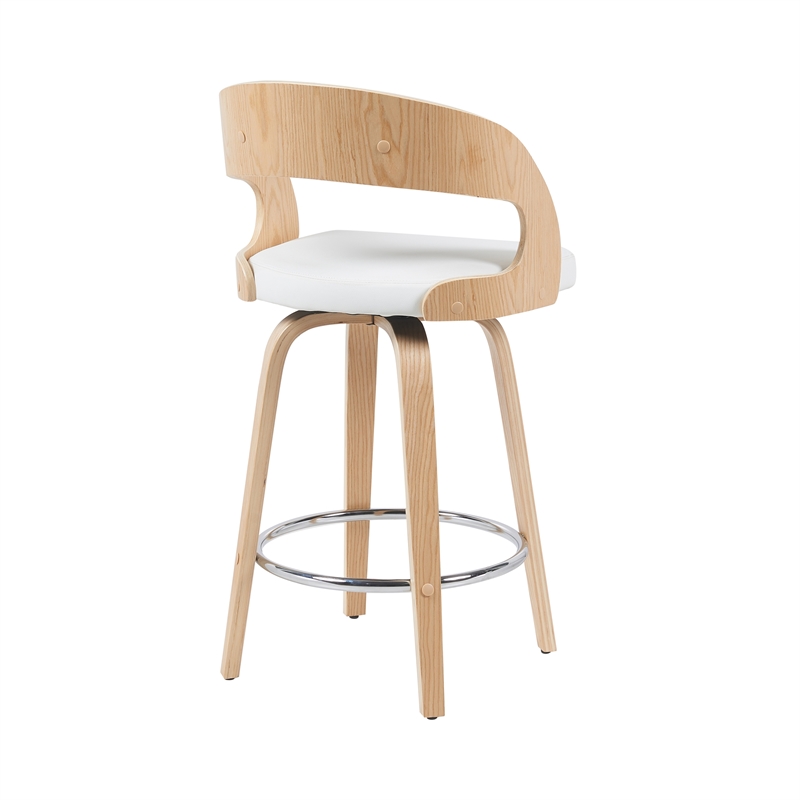 Shelly Counter Height Swivel Bar Stool in Oak/White Faux Leather Seat- Set of 2