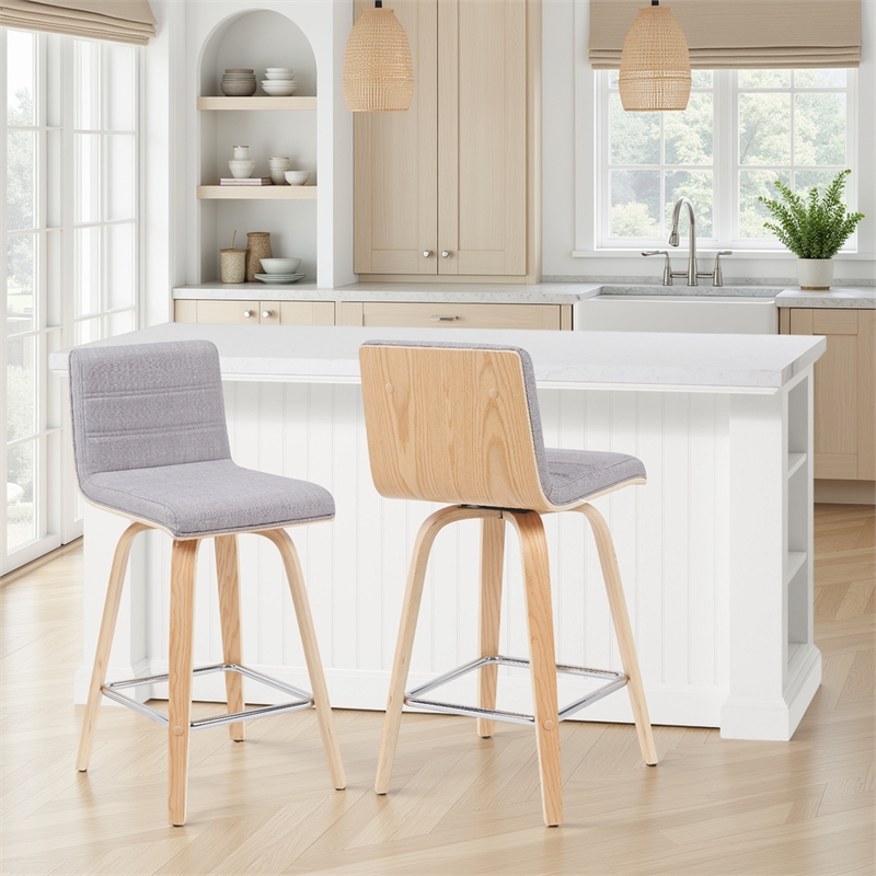 Vienna Counter Height Swivel Bar Stool with Grey Seat & Oak Wood Frame- Set of 2