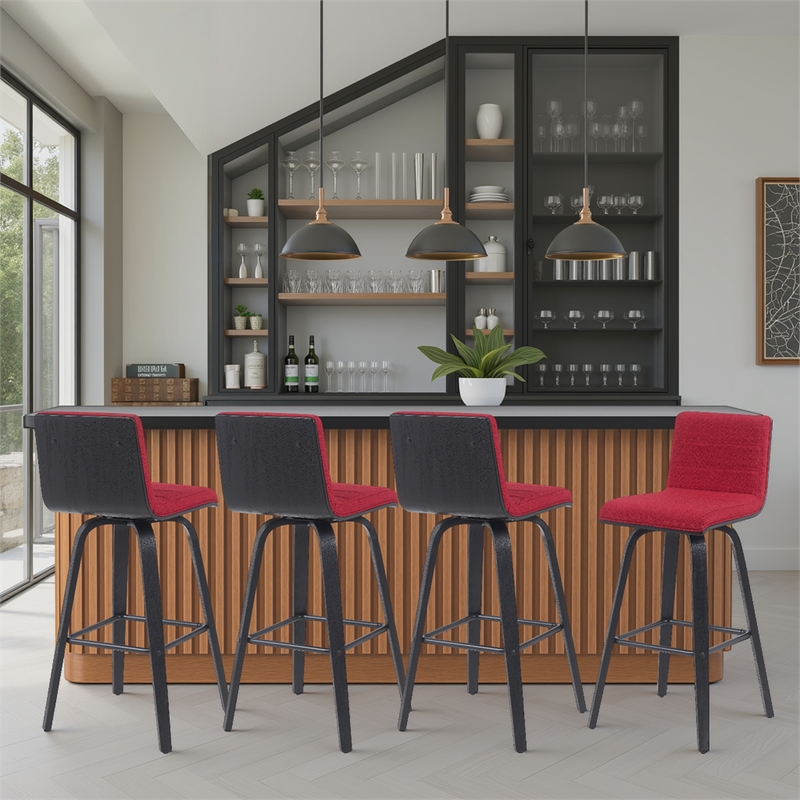 Vienna Swivel Bar Height Stool with Red Seat and Brushed Wood Frame- Set of 4