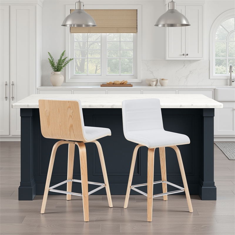 Vienna Counter Height Swivel Bar Stool w/ White Faux Leather Seat & Oak-Set of 2