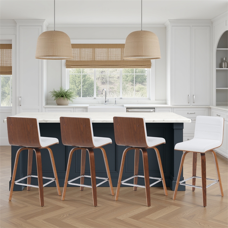 Vienna Counter Height Swivel Bar Stool with Snow Faux Leather & Walnut- Set of 4