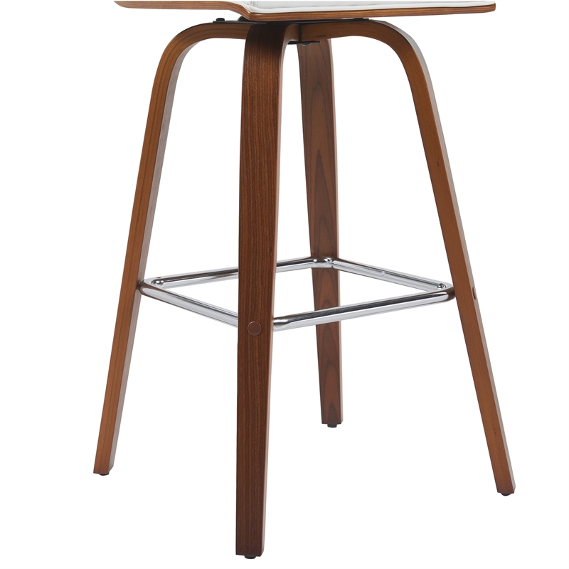 Vienna Swivel Bar Height Stool with Snow White Faux Leather & Walnut- Set of 4