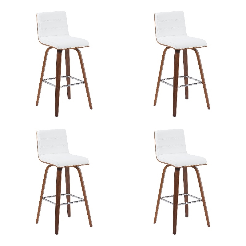 Vienna Swivel Bar Height Stool with Snow White Faux Leather & Walnut- Set of 4