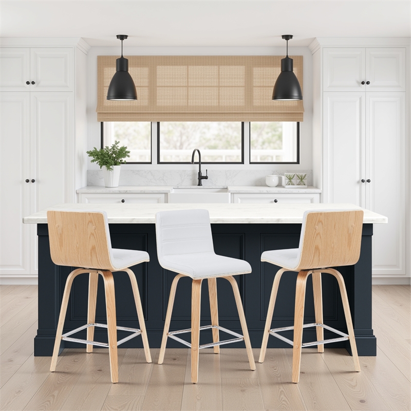 Vienna Counter Height Swivel Bar Stool in White Faux Leather/Oak Wood- Set of 3