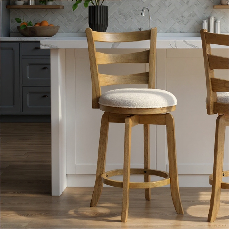 Melindra Swivel Wood Counter Height Bar Stool in Amber/White Boucle - Set of 2