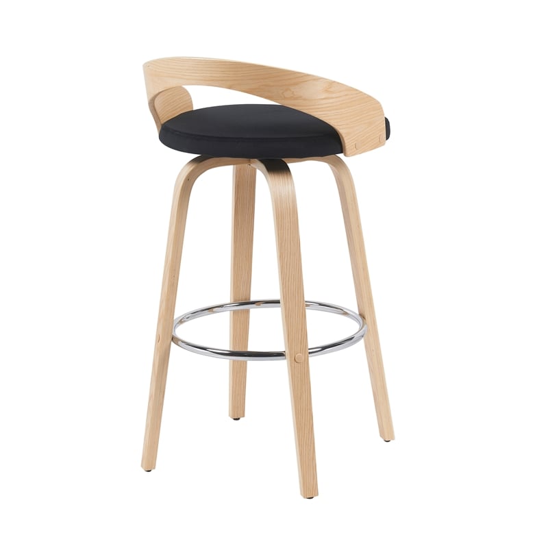 Sonia Swivel Bar Height Stool in Black Upholstered Seat/Oak Wood Finish-Set of 2