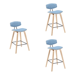 Fox Swivel Bar Height Stool with Light Blue Seat and Oak Wood- Set of 3