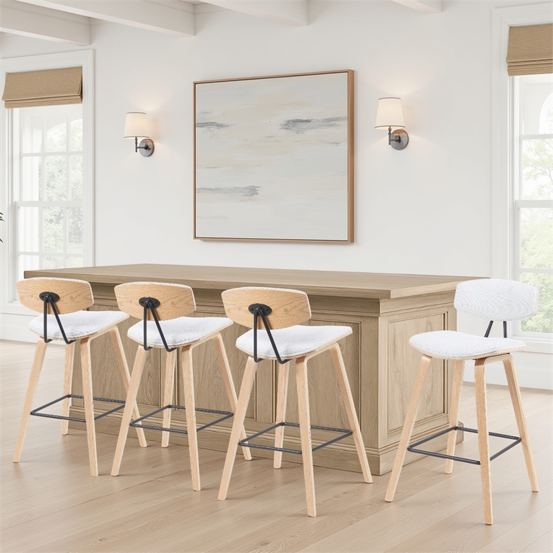 Fox Swivel Bar Height Stool with White Seat and Oak Wood Frame- Set of 4