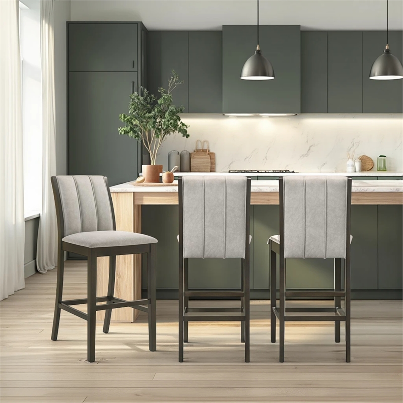 Nolan 26 in. Dark Roast Counter Height Rubberwood Barstool with Grey Fabric Seat