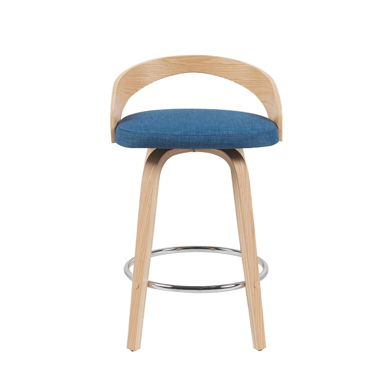 Sonia Swivel Counter Height Bar Stool with Blue Seat and Oak Wood- Set of 3