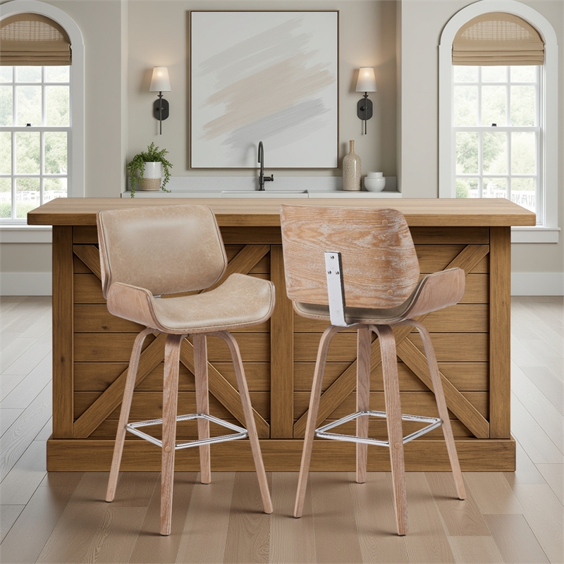 Tyler Swivel Bar Stool with White Wash Wood and Brown Upholstery- Set of 2