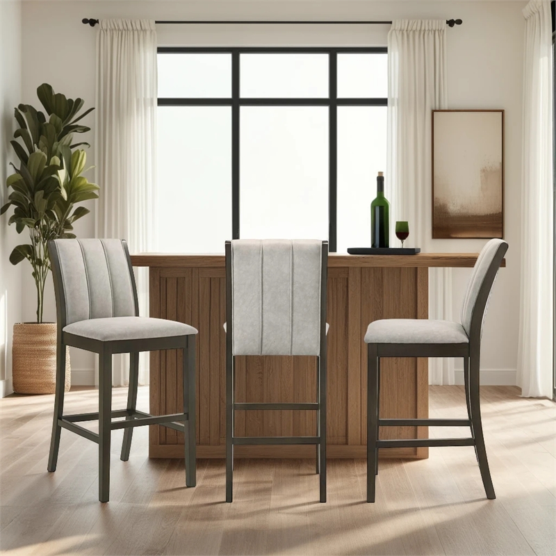 Nolan 30 in. Dark Roast Bar Height Rubberwood Barstool with Grey Fabric Seat