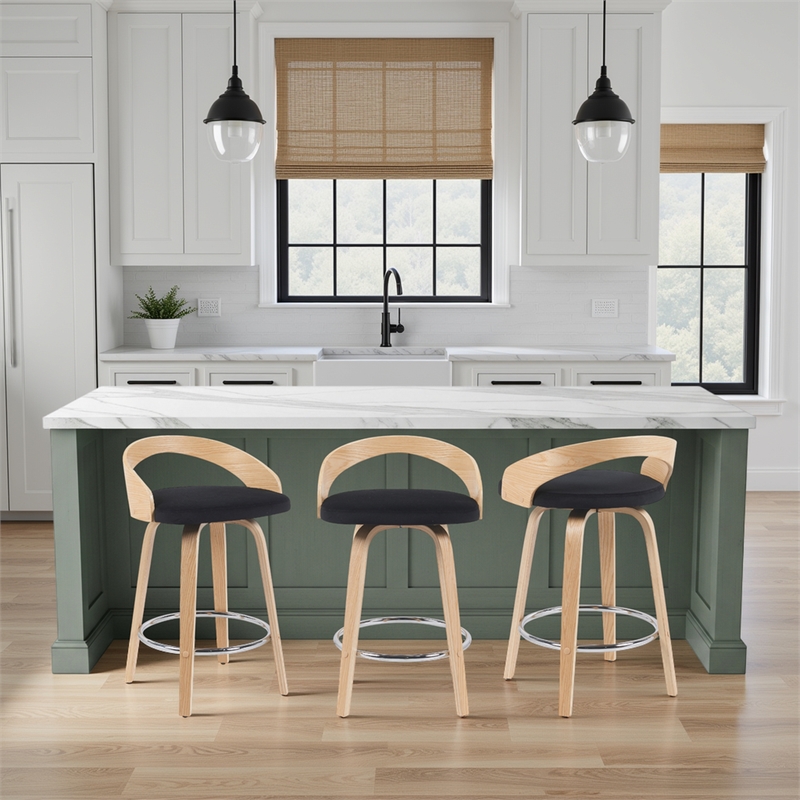 Sonia Swivel Counter Height Bar Stool with Black Seat and Oak Wood- Set of 3