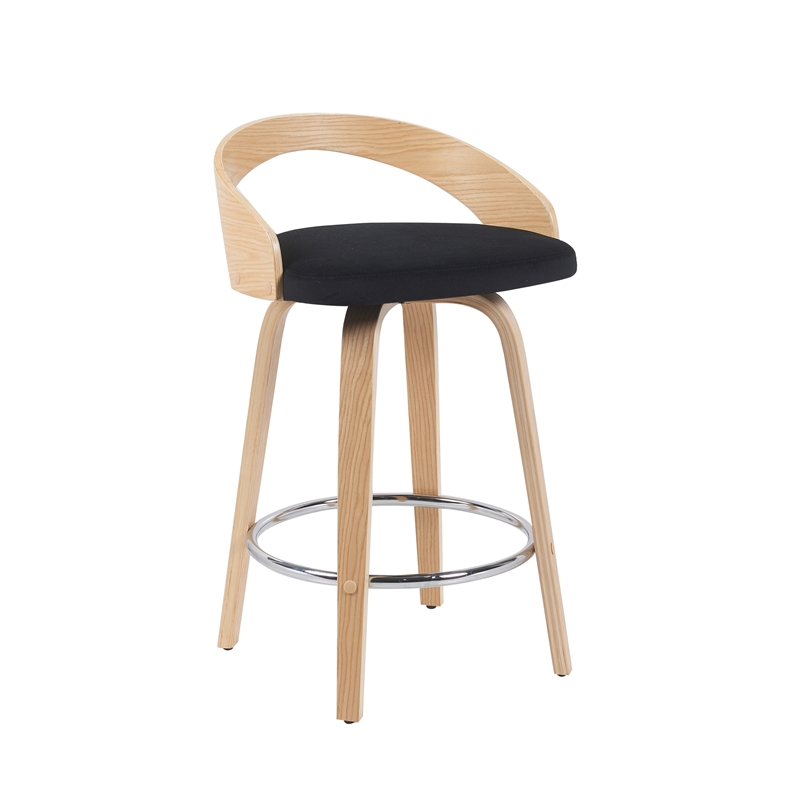 Sonia Swivel Counter Height Bar Stool with Black Seat and Oak Wood- Set of 3