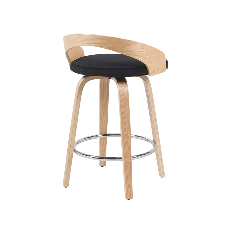 Sonia Swivel Counter Height Bar Stool with Black Seat and Oak Wood- Set of 3