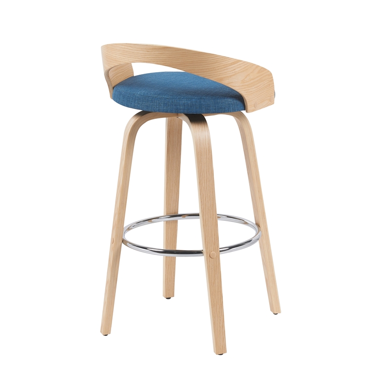 Sonia Swivel Bar Height Stool with Blue Upholstered Seat and Oak Wood Finish