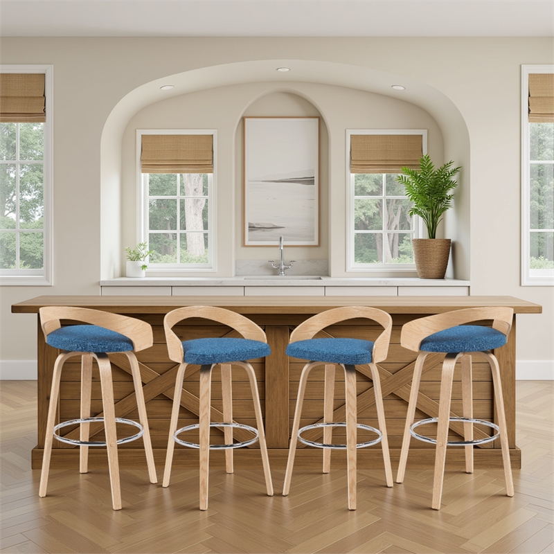 Sonia Swivel Bar Height Stool with Blue Upholstered Seat/Oak Wood- Set of 4