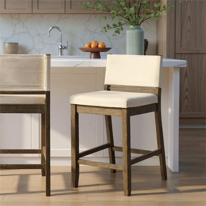 Yaneli Counter Height Bar Stool in Putty Brown with White Fabric Seat - Set of 2