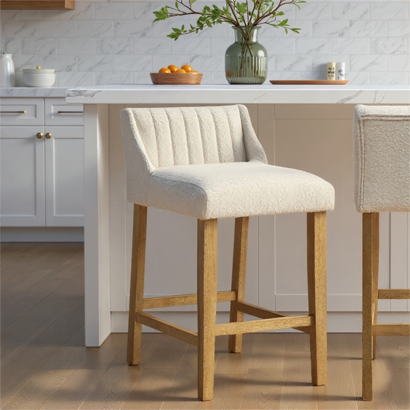 Fauna Wood Counter Height Bar Stool in Amber with White Boucle Seat - Set of 2