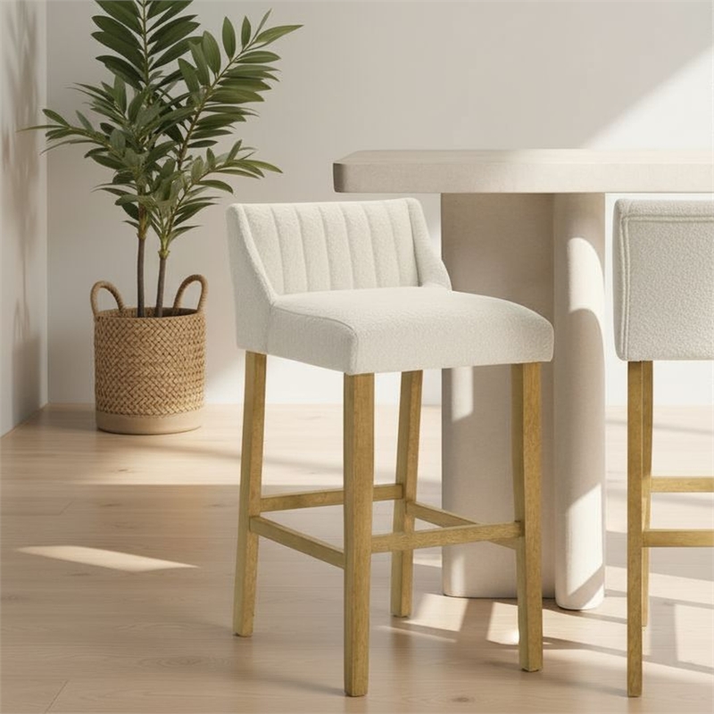 Fauna Wood Bar Height Kitchen Bar Stool in Amber Glow with White Boucle Seat