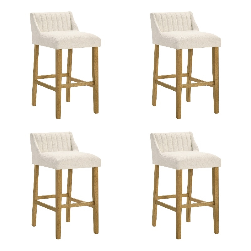 Fauna Wood Bar Height Kitchen Bar Stool in Amber/White Boucle Seat - Set of 4