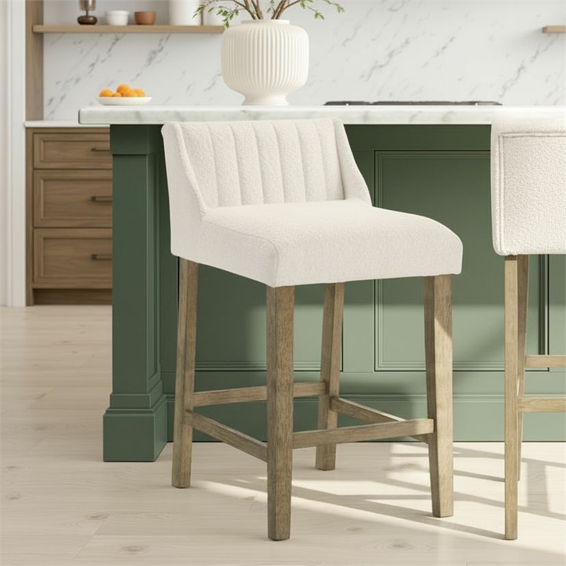 Fauna Wood Counter Height Kitchen Bar Stool in Putty Brown/White Boucle Seat
