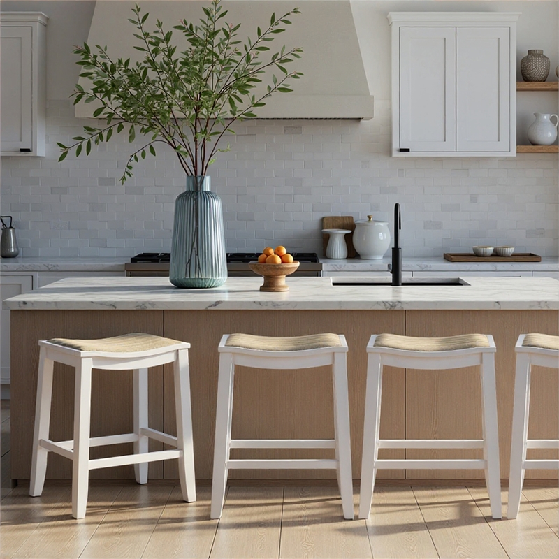 Iyani Coastal Wood Counter Height Bar Stool in White/Dune Cloud Seat- Set of 3