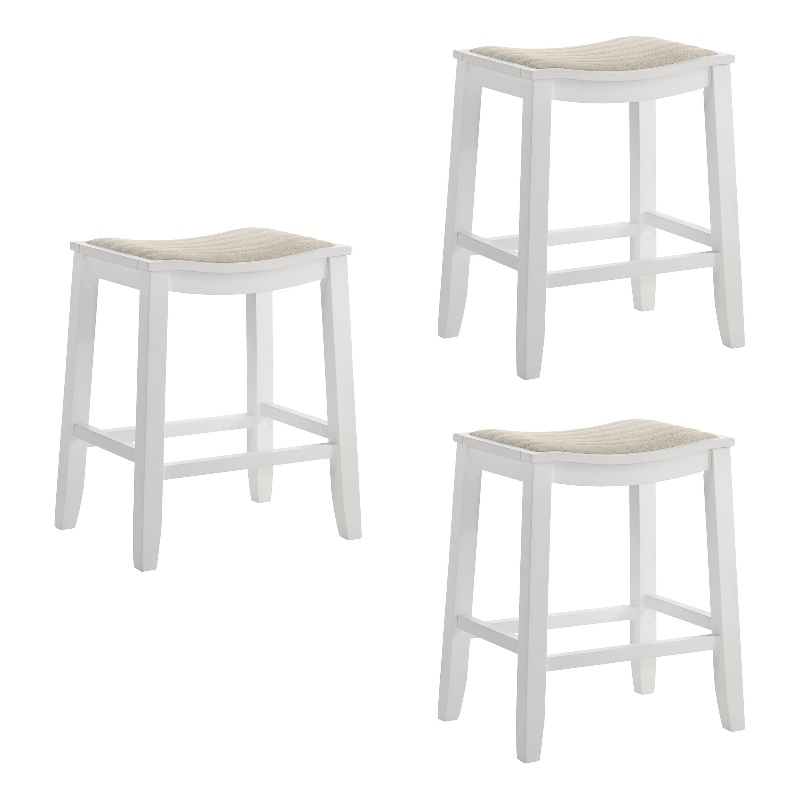 Iyani Coastal Wood Counter Height Bar Stool in White/Dune Cloud Seat- Set of 3