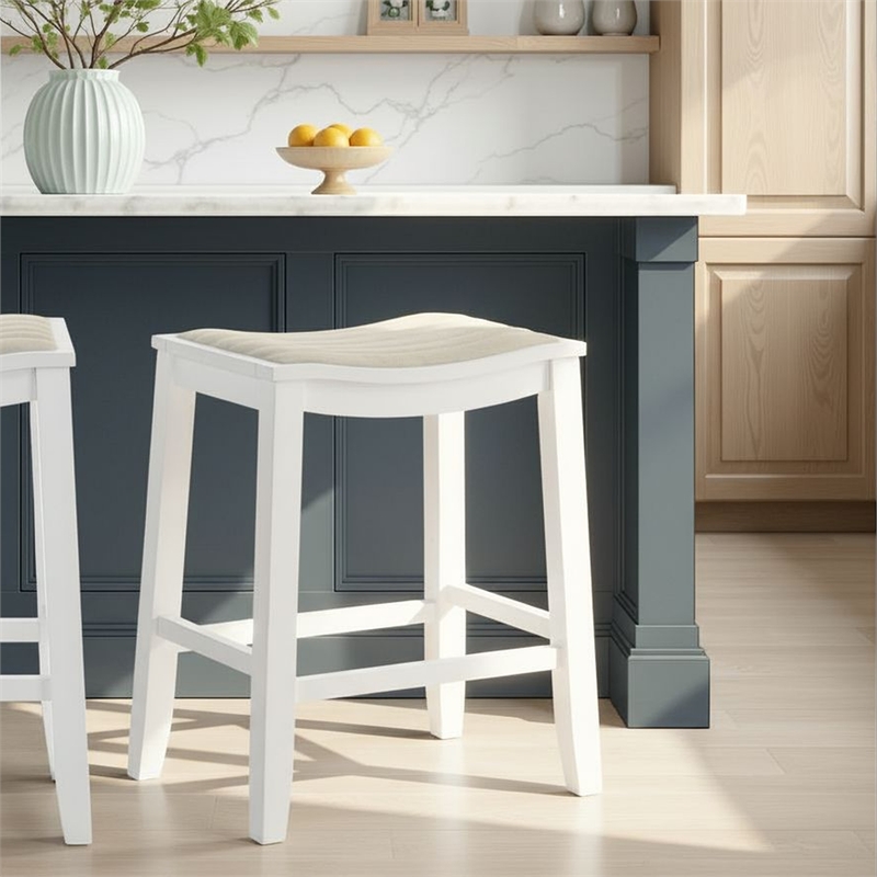 Iyani Wood Counter Height Bar Stool in White with Dune Cloud Seat - Set of 4