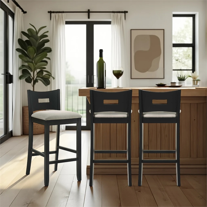 Ren 30 in. Matte Black Bar Height Rubberwood Barstool with Fog Fabric Seat
