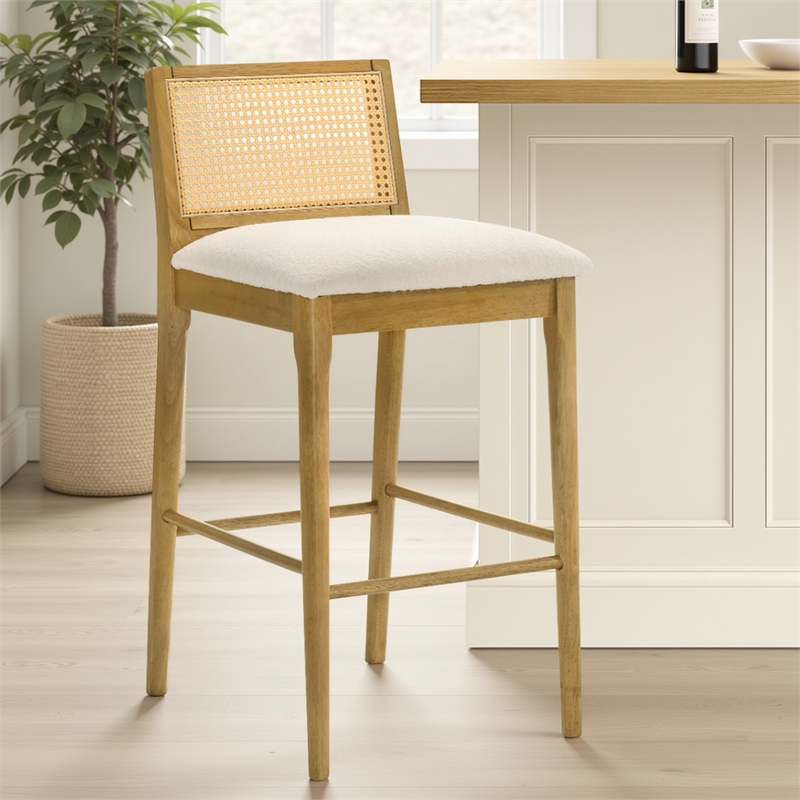Tobias Wood Bar Height Kitchen Bar Stool in Amber with White Boucle - Set of 4