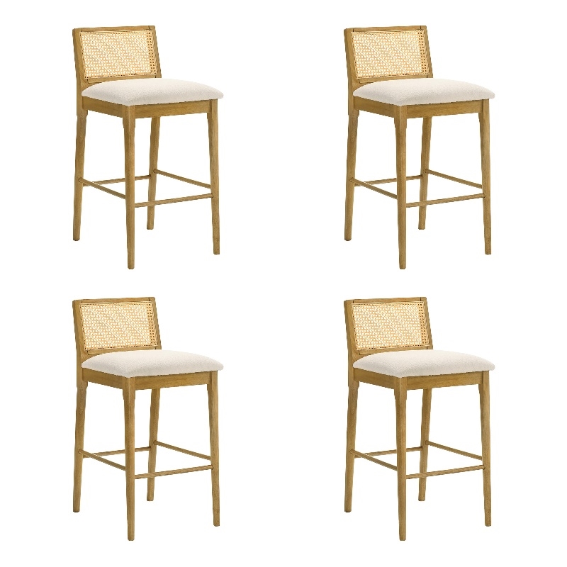 Tobias Wood Bar Height Kitchen Bar Stool in Amber with White Boucle - Set of 4