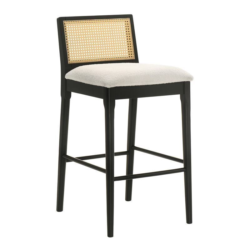 Tobias Wood Bar Height Kitchen Bar Stool in Black/White Boucle Seat - Set of 4