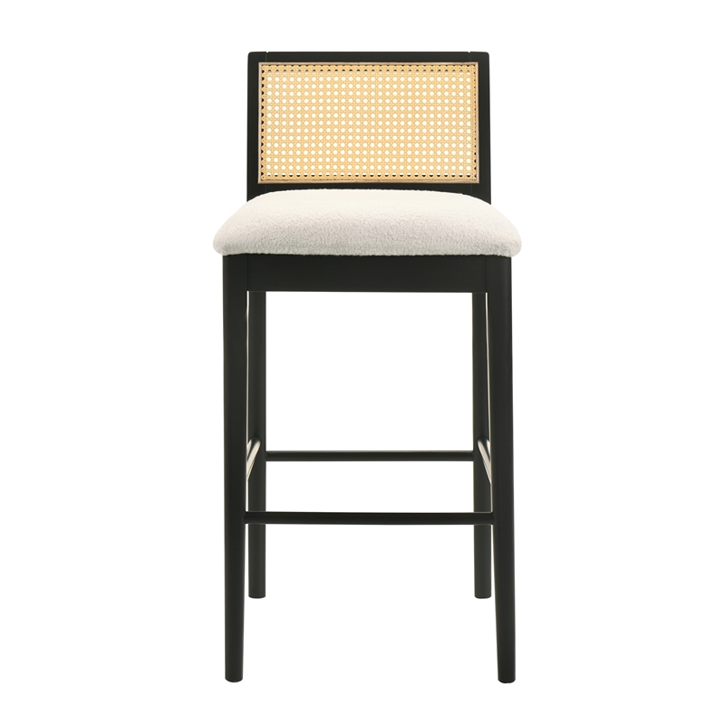 Tobias Wood Bar Height Kitchen Bar Stool in Black/White Boucle Seat - Set of 4
