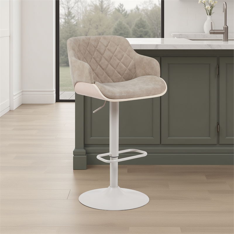 Toby Adjustable Swivel Barstool in Ivory/Vintage Taupe Seat/Pale Wood Accents
