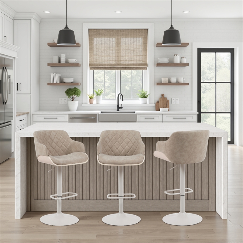 Toby Adjustable Swivel Barstool in Ivory/Vintage Taupe Seat/Pale Wood Accents