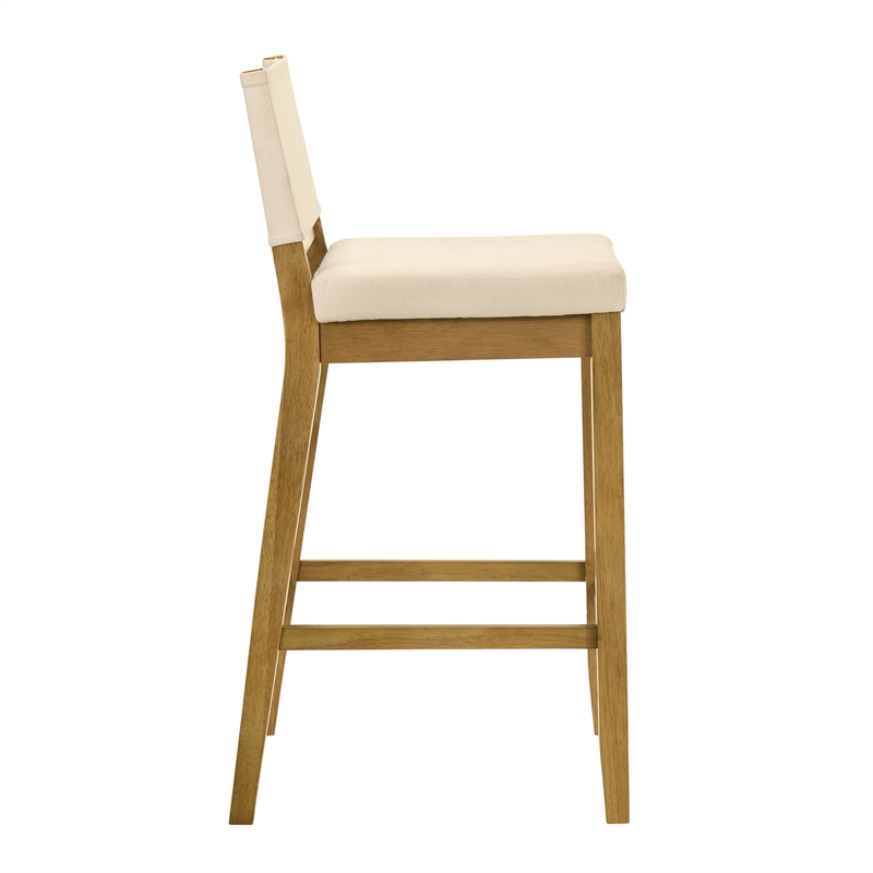 Yaneli Natural Wood Bar Height Bar Stool in Amber Glow with White Fabric Seat