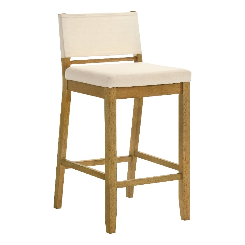Yaneli Natural Wood Bar Height Bar Stool in Amber Glow with White Fabric Seat