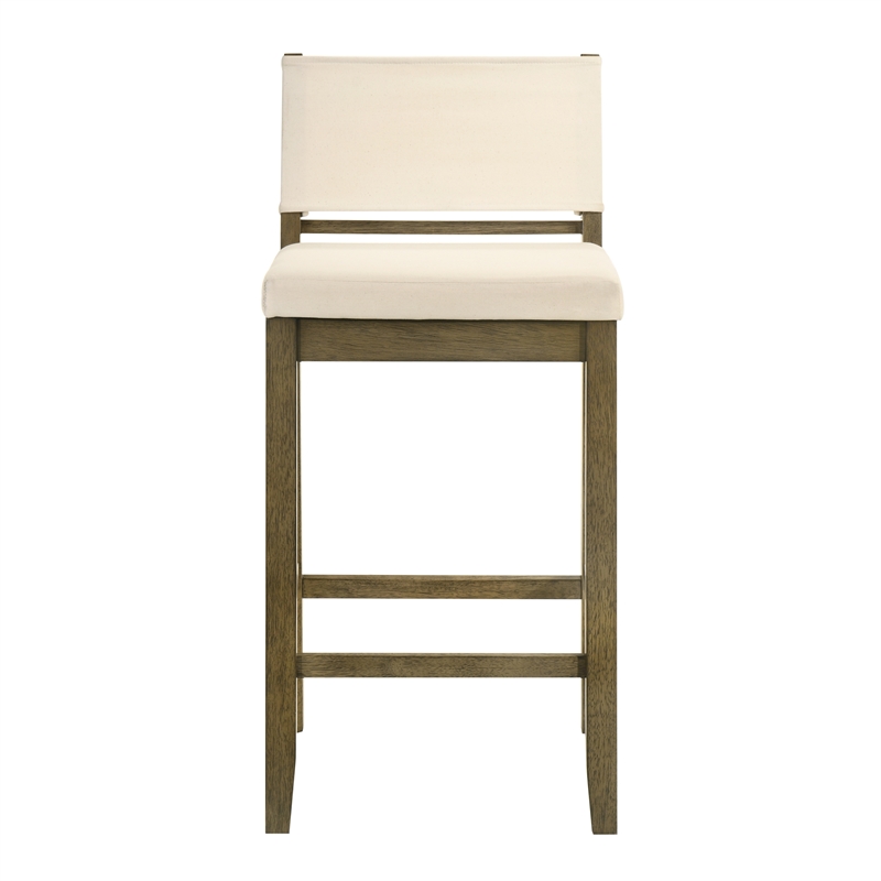 Yaneli Natural Wood Bar Height Bar Stool in Putty Brown with White Fabric Seat