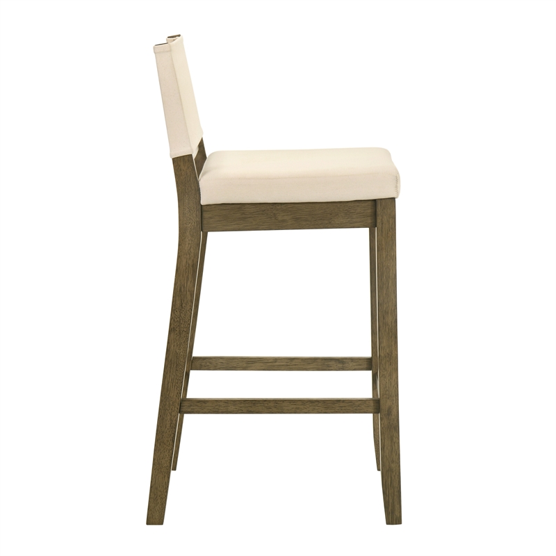 Yaneli Natural Wood Bar Height Bar Stool in Putty Brown with White Fabric Seat