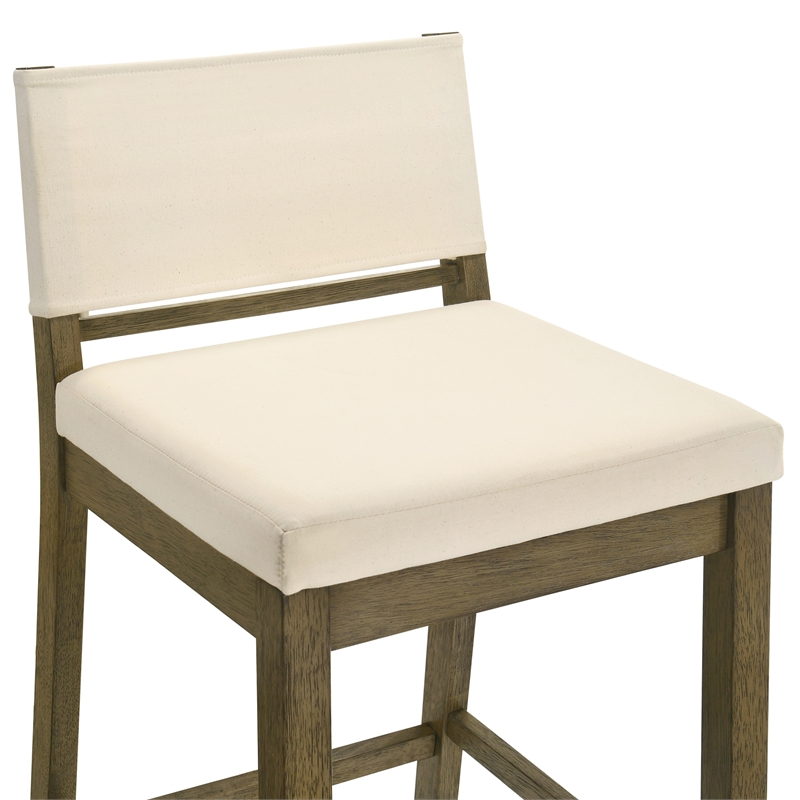 Yaneli Natural Wood Bar Height Bar Stool in Putty Brown with White Fabric Seat
