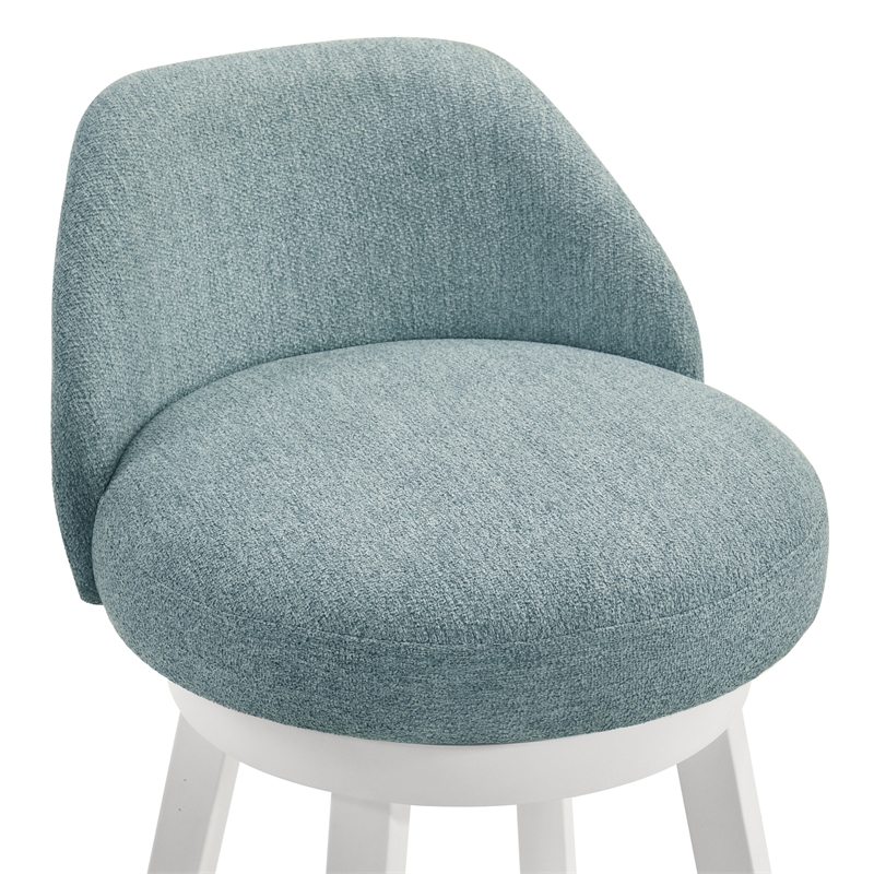 Erika Swivel Wood Counter Height Bar Stool in White with Light Blue Fabric Seat