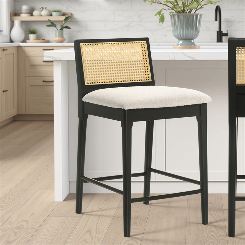 Tobias Wood Counter Height Bar Stool in Black with White Boucle Fabric Seat