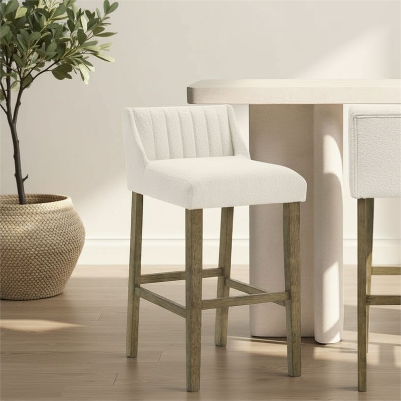Fauna Wood Bar Height Bar Stool in Putty Brown with White Boucle Seat - Set of 3