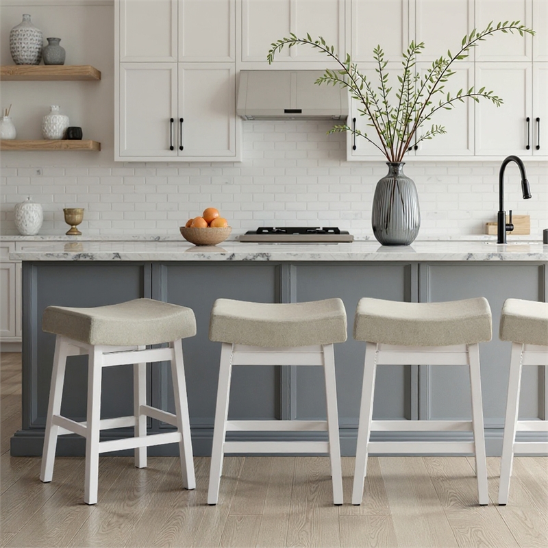 Lenon Wood Counter Height Bar Stool in White with Cream Fabric Seat - Set of 4