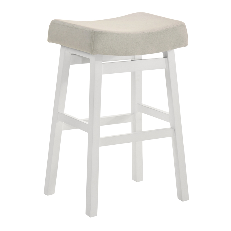 Lenon Wood Bar Height Bar Stool in White with Cream Fabric Seat - Set of 2