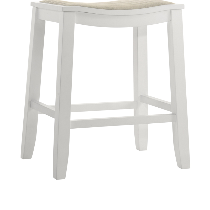 Iyani Wood Counter Height Kitchen Bar Stool in White with Dune Cloud Fabric Seat