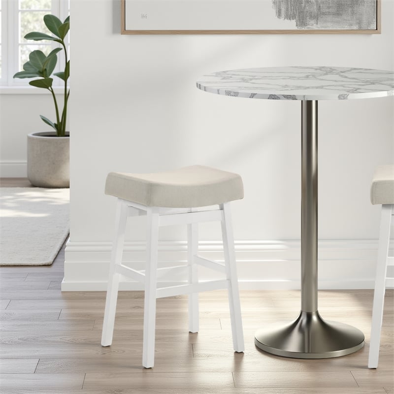 Lenon Wood Bar Height Kitchen Bar Stool in White with Cream Fabric Seat